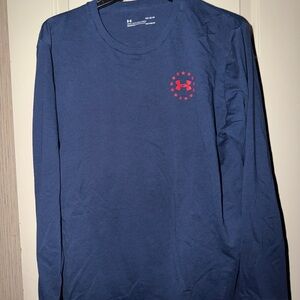 Under Armour Men's Blue Long Sleeve Shirt with Red Logo